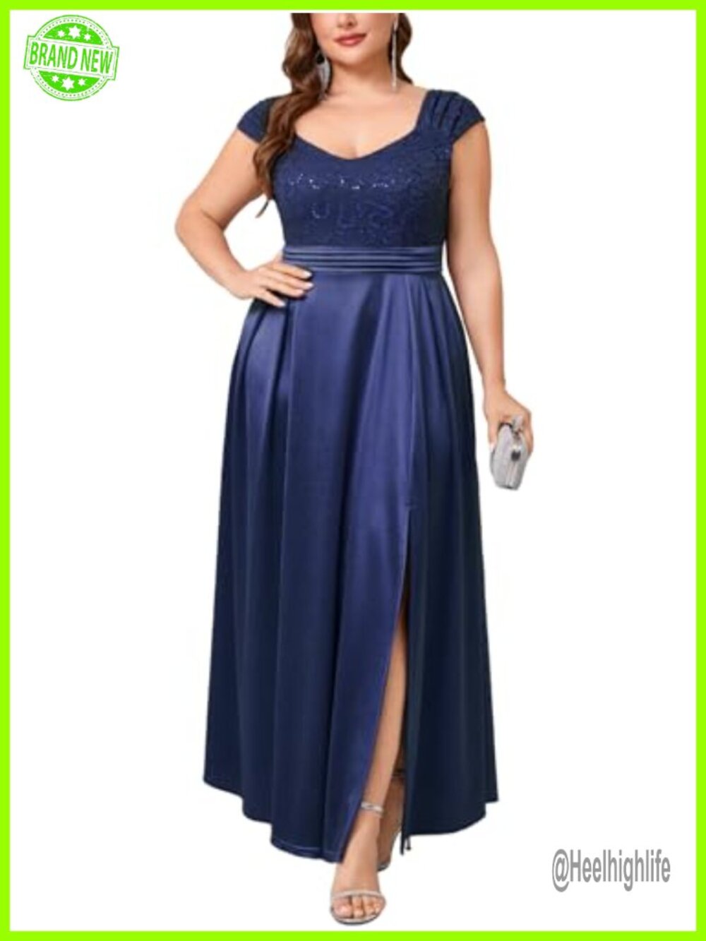 Plus Size Formal Maxi Dress Lace Satin Cap Sleeve A-Line Evening Gown